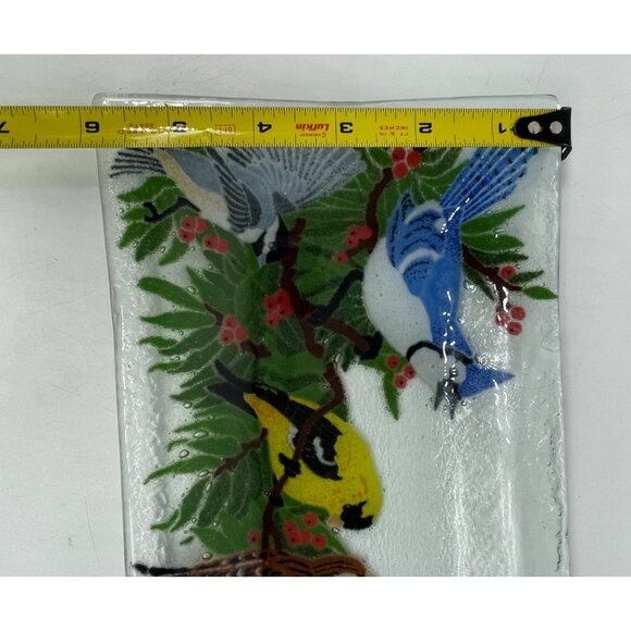 Peggy Karr Signed '05 Fused Glass Birds Holly Winter Design Approx 10"x 6" - Picture 9 of 11